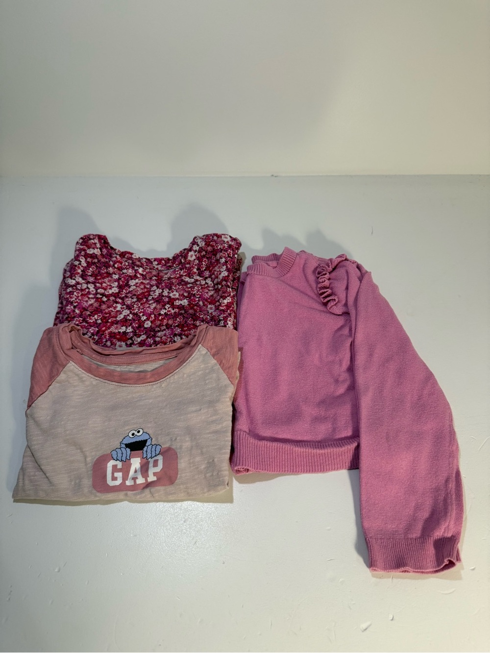 Baby Gap 5T Girls Pink Top Bundle | Floral, Cookie Monster & Knit Cardigan